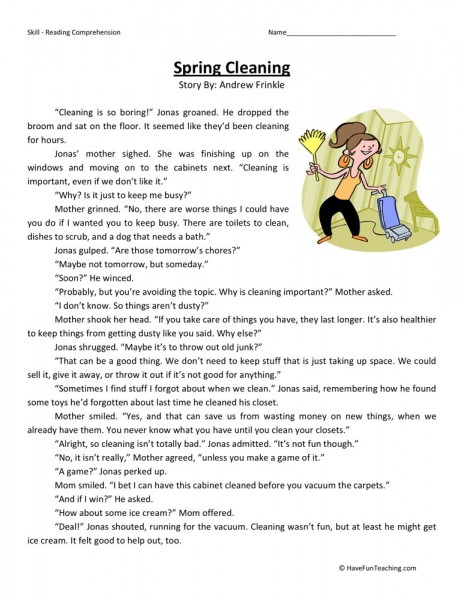 Reading Comprehension Worksheet - Spring Cleaning