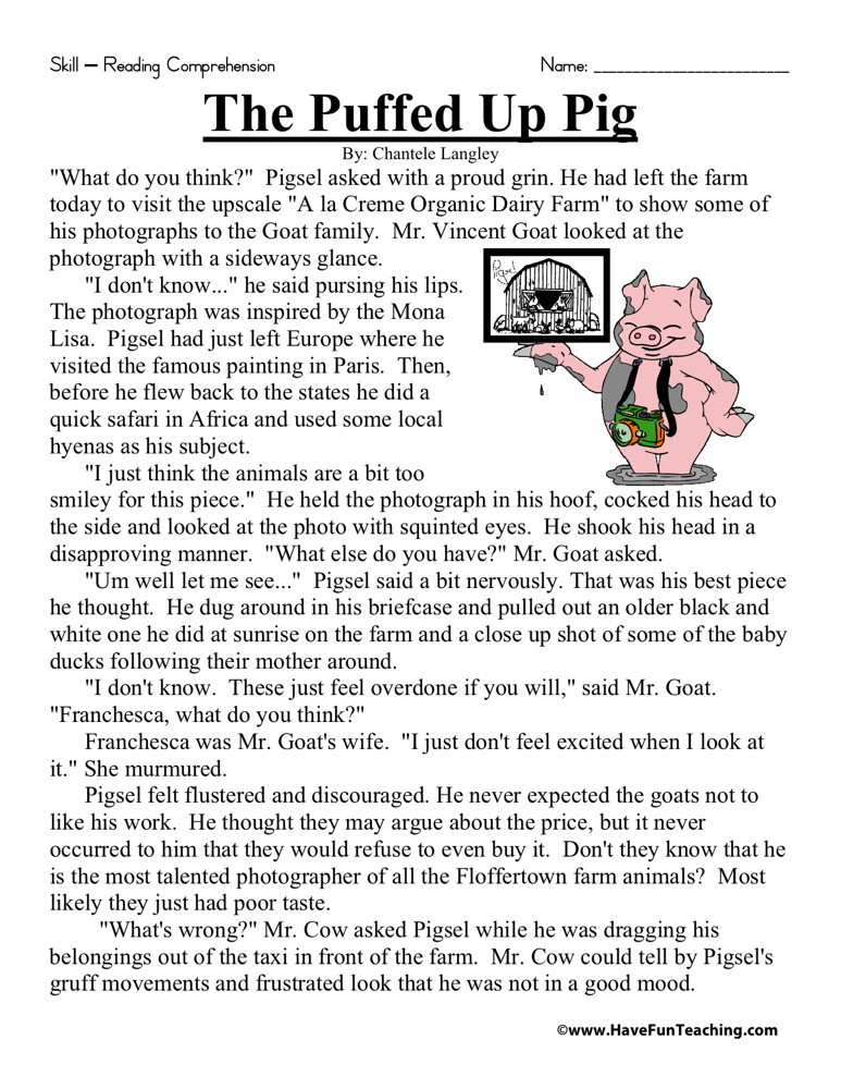 Reading Comprehension Worksheet - The Puffed Up Pig