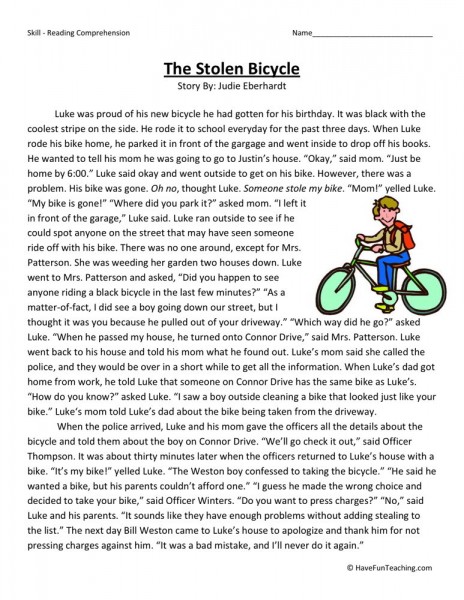 Reading Comprehension Worksheet - The Stolen Bicycle