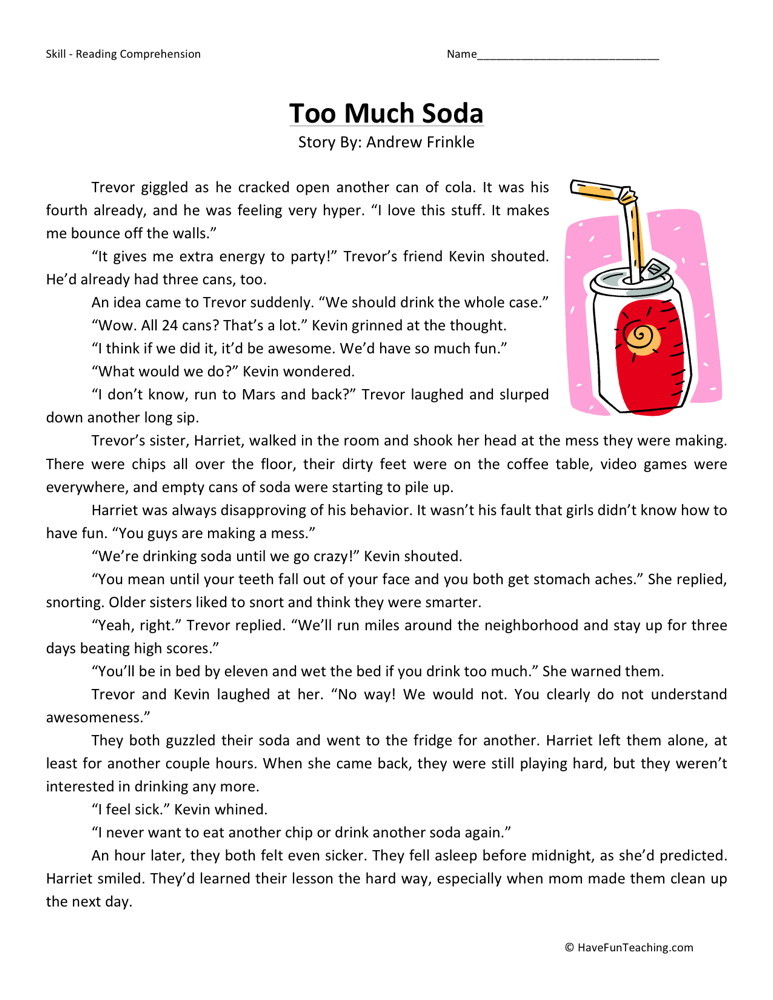 Reading Comprehension Worksheet - Too Much Soda