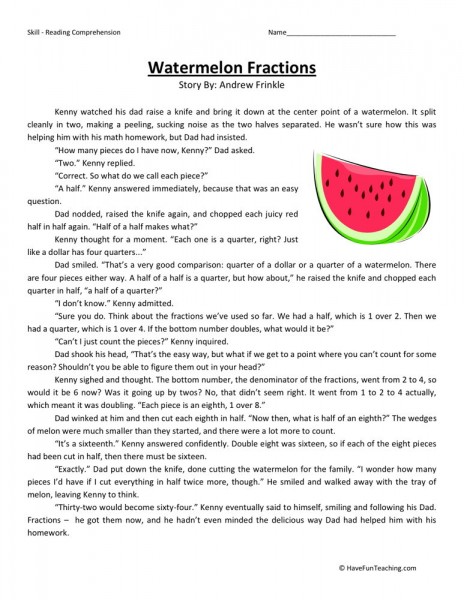 Reading Comprehension Worksheet - Watermelon Fractions