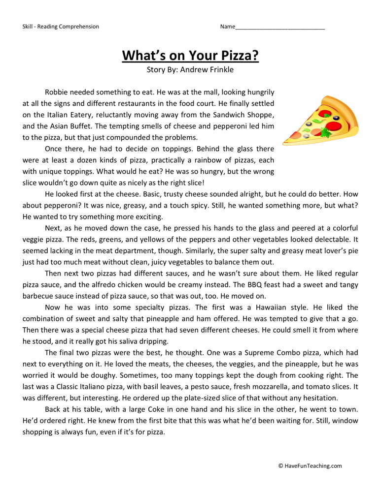 Reading Comprehension Worksheet - What's on Your Pizza?