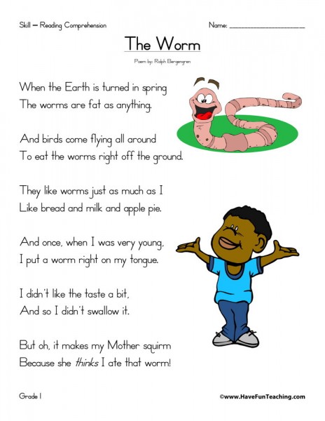 Reading Comprehension Worksheet - The Worm